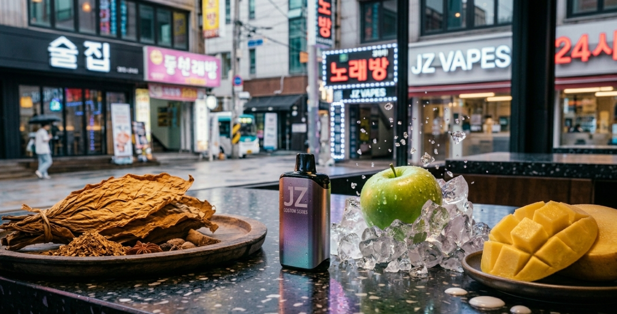 A premium visual showing tobacco leaves, iced green apple, and mango flavors alongside a modern disposable vape device