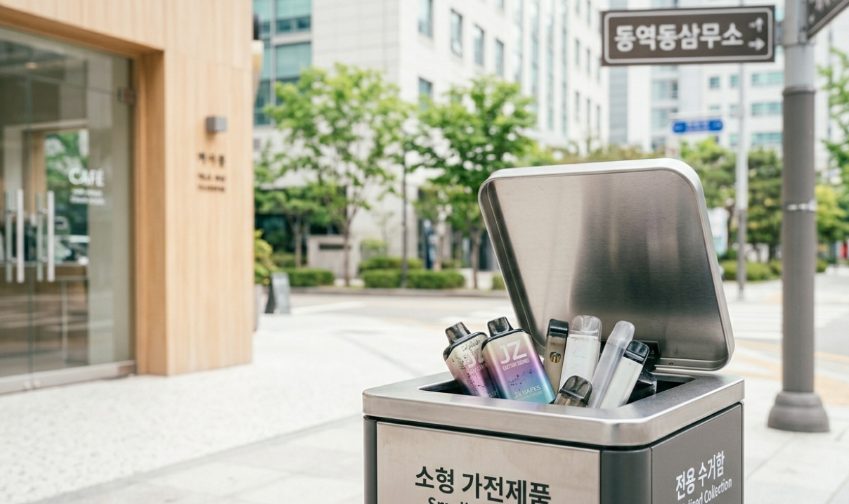 A recycling bin for electronic waste with various used to buy disposable vapes online in South Korea, is being disposed of responsibly.