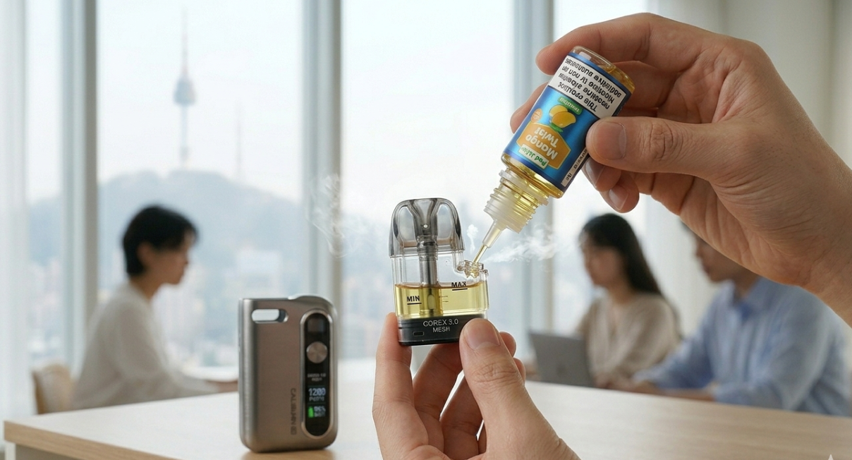 Refilling an open pod vape system with e-liquid
