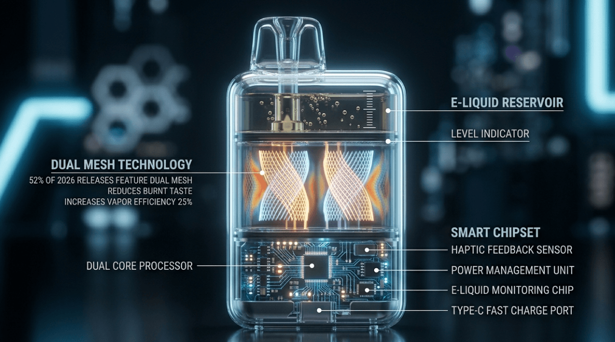 A 3D transparent render showing the internal dual mesh coil and smart chipset of a disposable vape.