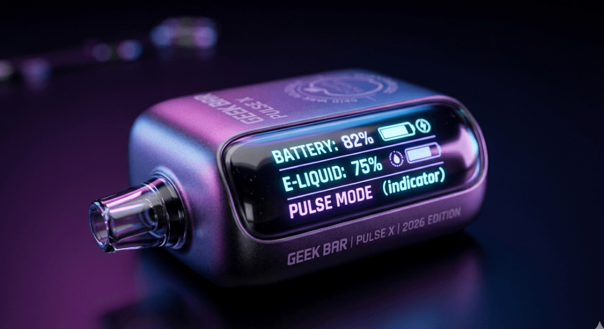 Close-up of the 3D curved LED screen on a Geek Bar Pulse X showing e-liquid levels and battery percentage.