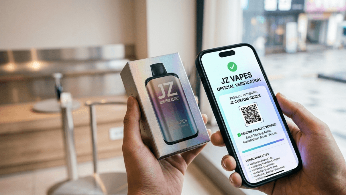 A hand scanning a QR code to buy disposable vape online in South Korea on a JZVapes product box using a smartphone to verify authenticity.