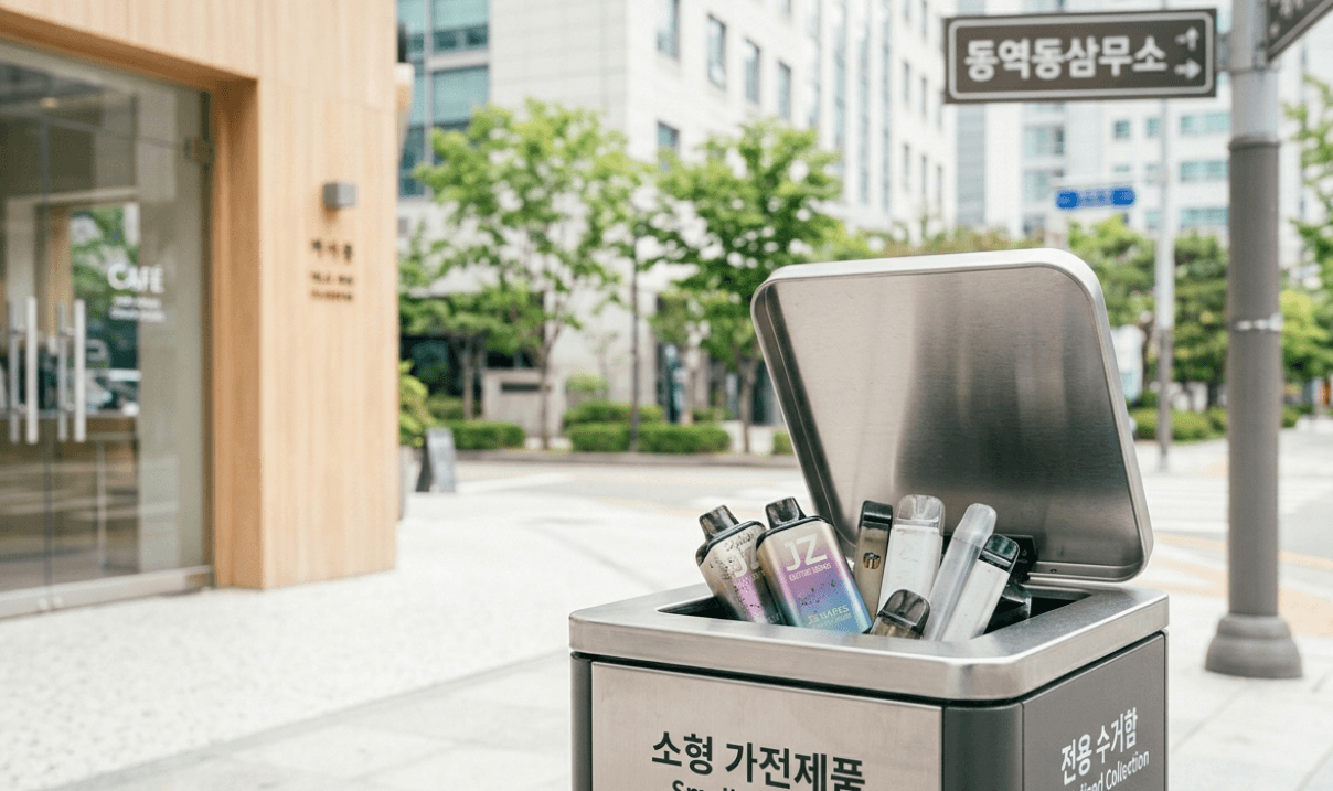 A recycling bin for electronic waste with various used to buy disposable vapes online in South Korea, is being disposed of responsibly.
