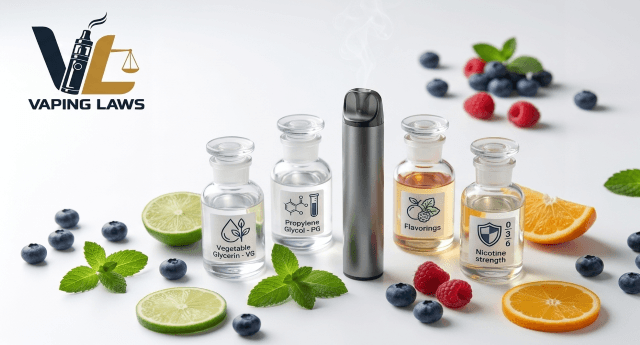 Common vape ingredients displayed beside a disposable vape device