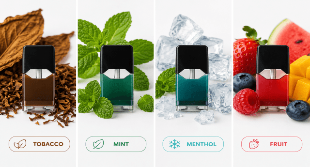 Different Juul Pods flavor categories including tobacco mint menthol and fruit