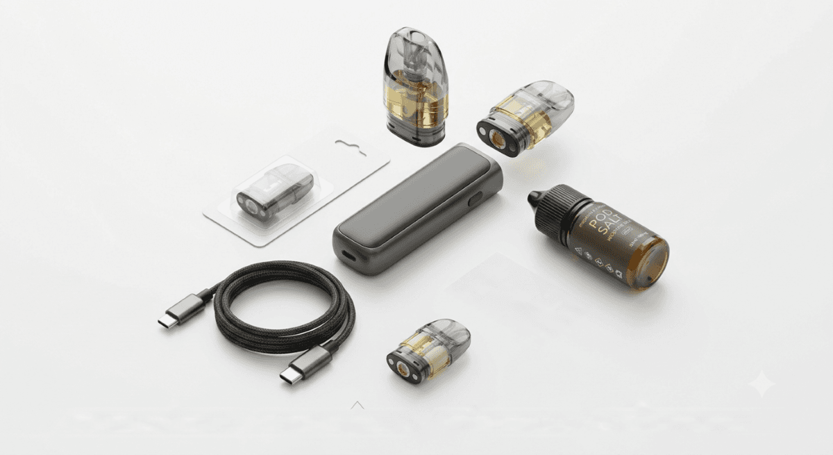 Close-up of a pod vape device with replacement pods arranged beside it