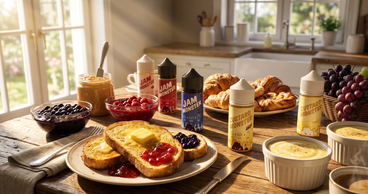 The full Jam Monster spread — original jam-on-toast classics alongside the velvety Custard Monster sister lineup.