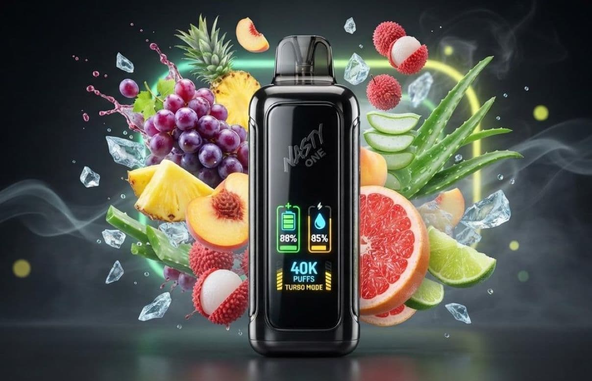 The Nasty One Pod 40K device — smart display screen, dual mesh coils, and Type-C fast charging.