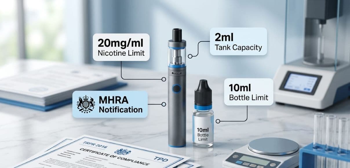 UK vape product rules 2026 nicotine limit 20mg tank size 2ml bottle 10ml TRPR MHRA compliance notification