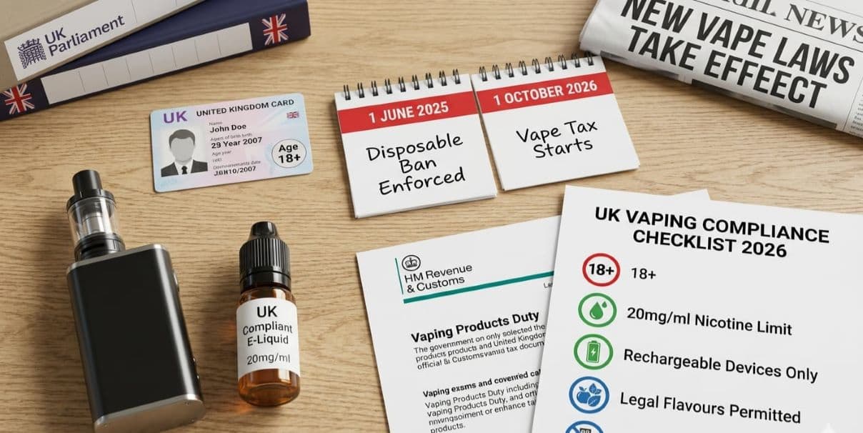 UK vaping law key facts 2026 age 18 disposable ban June 2025 vape tax October 2026 20mg nicotine limit flavours legal