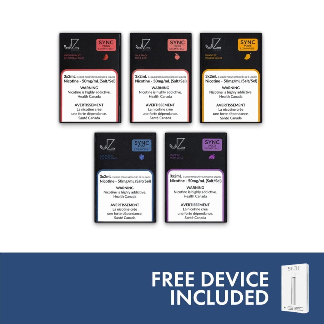 Multi-flavor STLTH pod bundle with free device — 여러 포드 팩과 함께 구성된 JZ Premium 번들팩 박스 이미지.