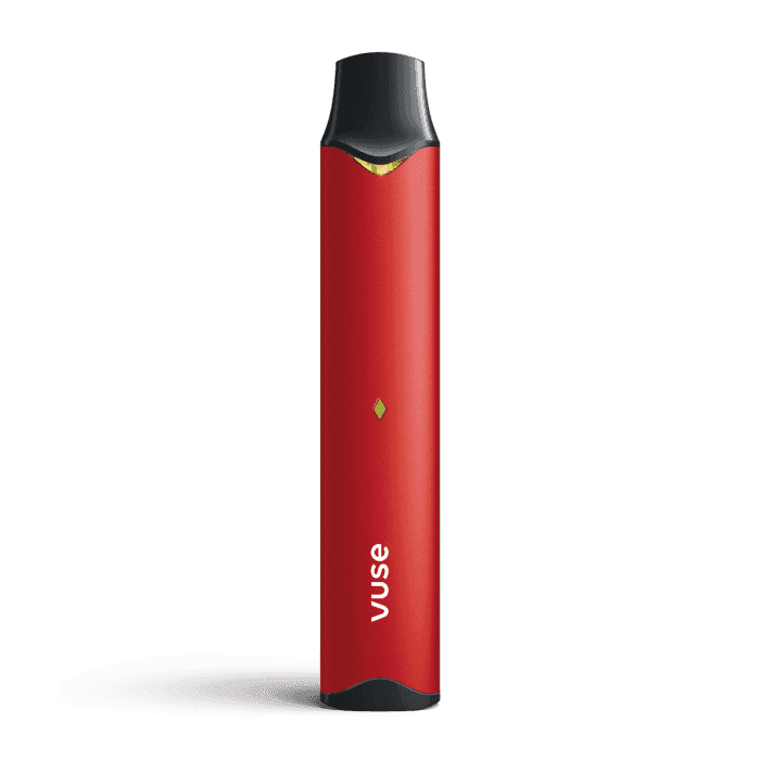 Ruby red Vuse Alto device 선명한 루비 레드 컬러와 세련된 바디 라인이 보이는 파워 유닛 이미지.