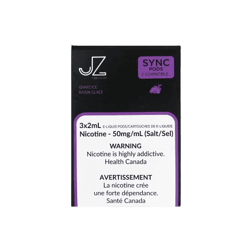 Sweet icy grape flavor with crisp cool finish — 보라·화이트 포도톤과 아이스 포인트가 조화된 JZ Premium STLTH Pods Grape Ice 패키지 이미지.