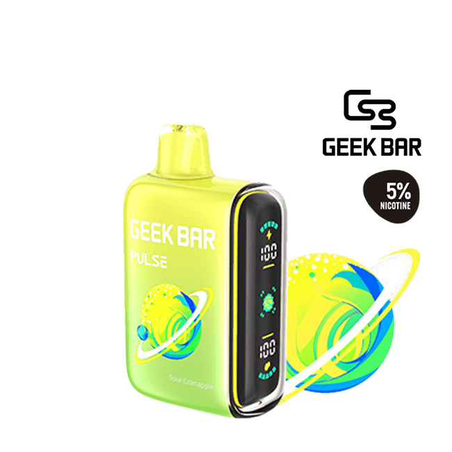 Bright sour apple candy vape image — 톡 쏘는 사과 산미와 가벼운 캔디 단맛의 대비가 살아 있는 Geek Bar Pulse 사워 크레인 애플 제품 이미지.