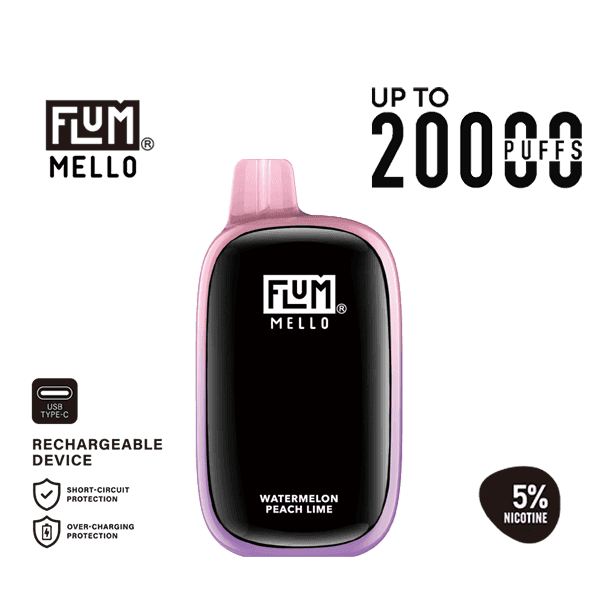FLUM Mello 20K — 정품 플럼 멜로 워터멜론 피치 라임 5%, sweet and tangy fruity blend, long-lasting disposable vape, fast delivery in Korea.