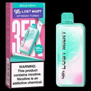 Lost Mary MT35000 Black Mint Plus (5%) — 진한 black mint 향에 강한 menthol cooling이 더해진 premium high nicotine vape. 35,000 puff long-lasting device로 시원하고 bold한 flavor balance가 돋보이며, Korean vapers에게 인기 많은 icy refreshing 베이프.