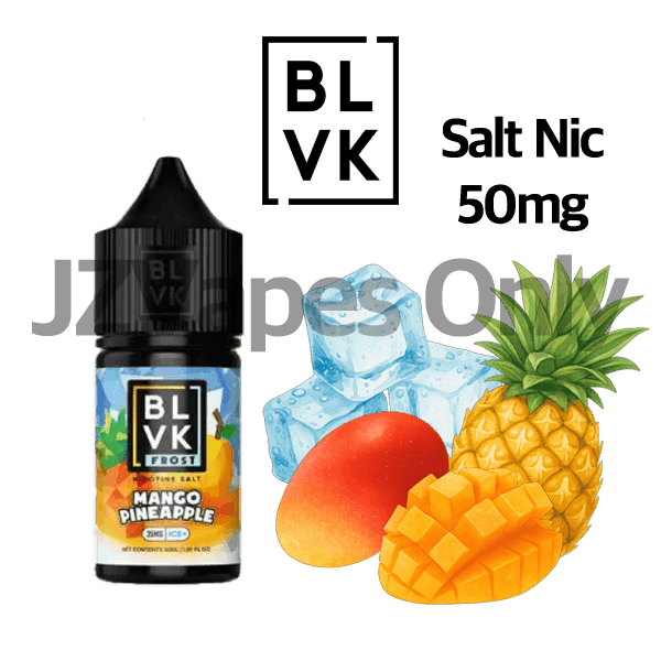 BLVK Frost Mango Pineapple (5%) — 달콤한 mango와 상큼한 pineapple이 어우러진 tropical fruity blend, 시원한 icy menthol cooling으로 마무리되는 high nicotine vape. Smooth하고 refreshing한 flavor로 Korean vapers 사이에서 인기 많은 50mg disposable.