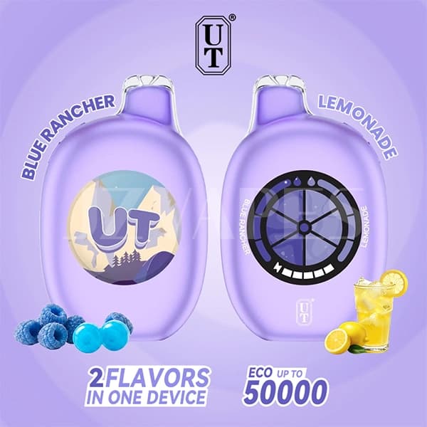 FLUM UT BAR 50K Blue Rancher Lemonade 50mg disposable vape with dual flavor system, USB-C rechargeable battery, and up to 50,000 puffs
