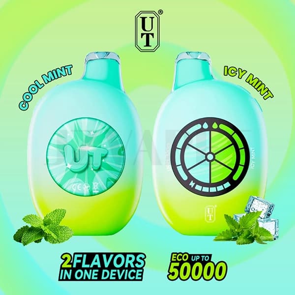 FLUM UT Bar 50K Cool Mint and Icy Mint 50mg rechargeable disposable vape with dual mint flavors and up to 50000 puffs