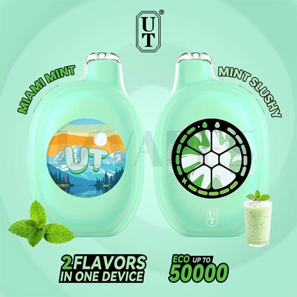 FLUM UT Bar 50000 Puffs Miami Mint and Mint Slushy 50mg rechargeable disposable vape with icy mint flavor