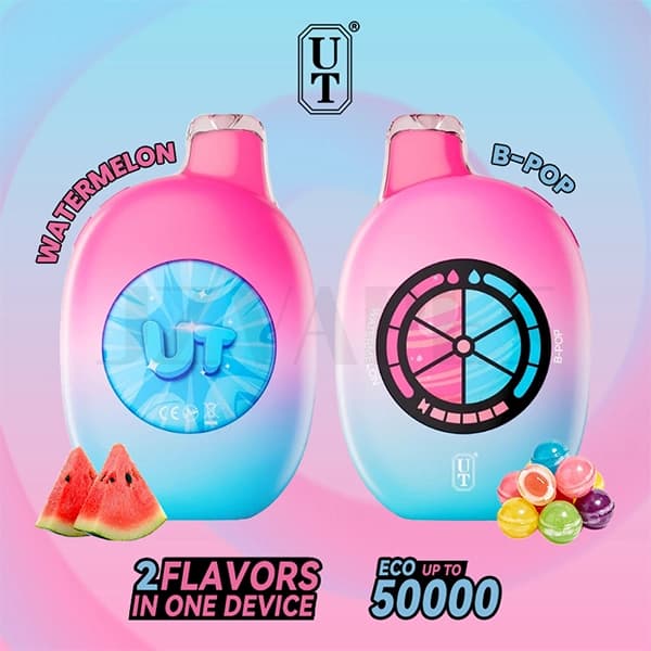 FLUM UT Bar 50000 Puffs Watermelon and B-Pop 50mg rechargeable disposable vape with fruit candy flavor