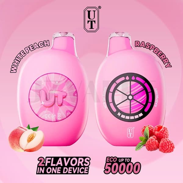 FLUM UT Bar 50000 Puffs White Peach and Raspberry 50mg rechargeable disposable vape with fruit flavor