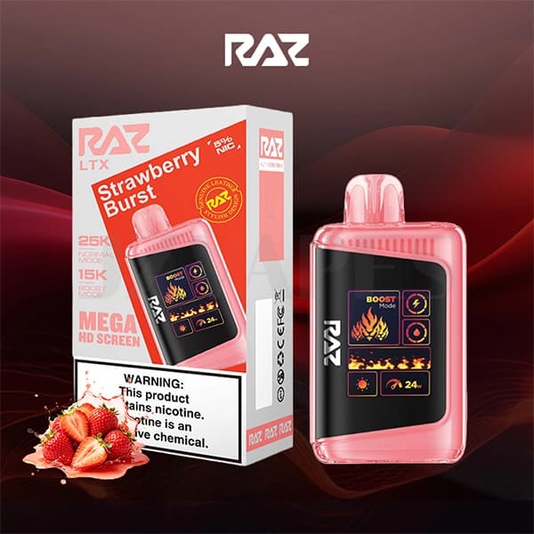 RAZ LTX 25K Strawberry Burst disposable vape with sweet strawberry flavor and up to 25,000 puffs.