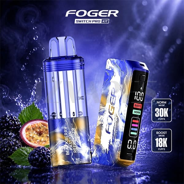 Foger Switch Pro Blackberry Passion Refresher Kit 30K 5% nicotine disposable vape device with packaging box