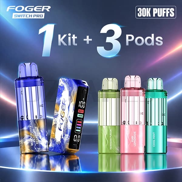 Product image of the Foger Switch Pro vape bundle: a blue-and-gold marbled rechargeable kit with digital display next to its matching Blackberry Passion Refresher pod, alongside three separate flavor pods in green (Hawaiian Punch), pink (Pink Lemonade), and teal (Cool Mint), with "30K Puffs" and "1 Kit + 3 Pods" text on a dark blue background.