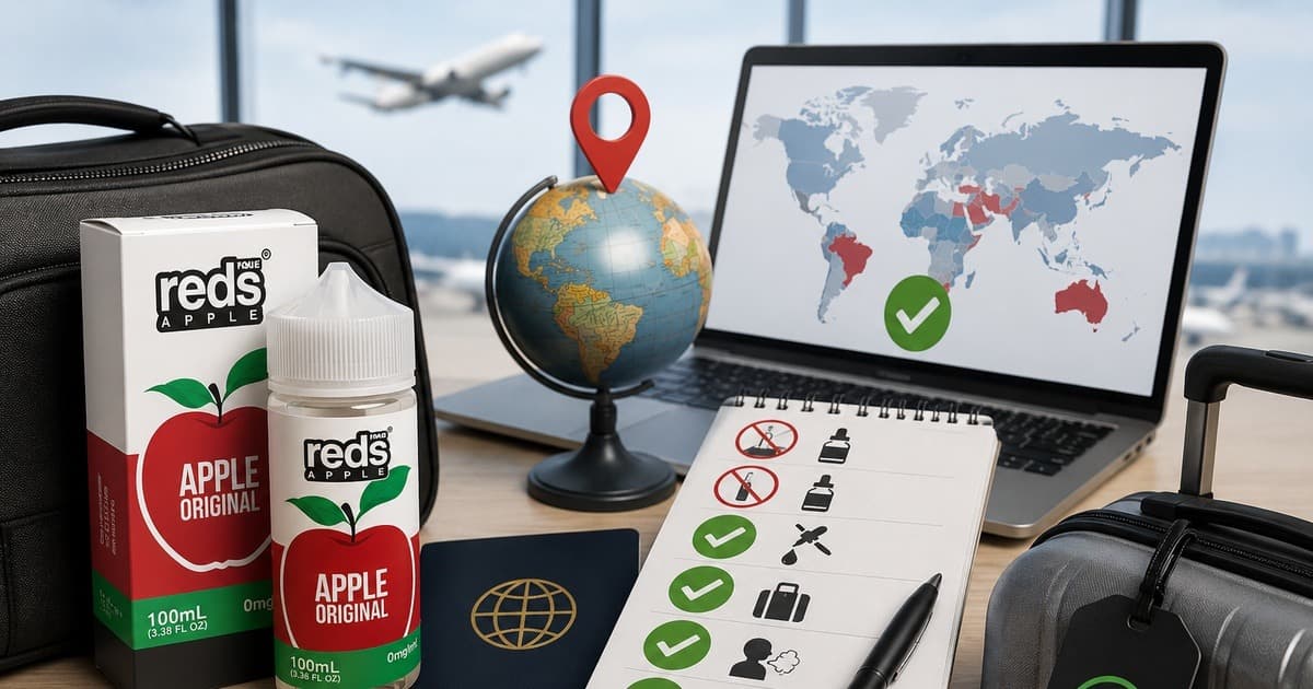 Travel vape checklist showing device, battery, pods, vape liquid, flight, and destination requirements