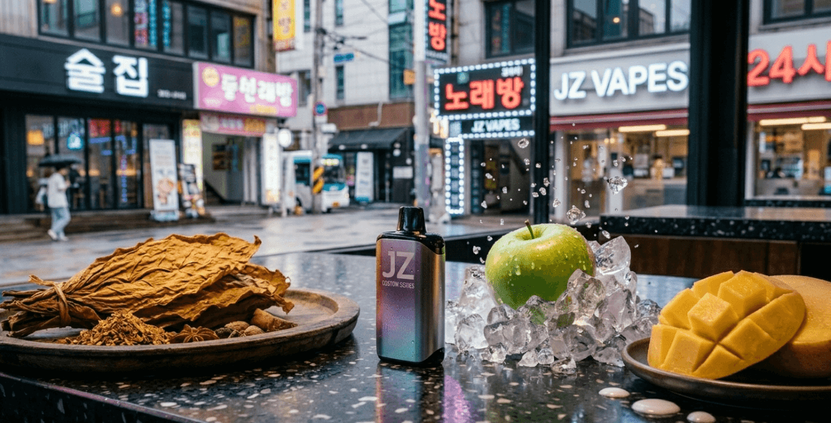 A premium visual showing tobacco leaves, iced green apple, and mango flavors alongside a modern disposable vape device