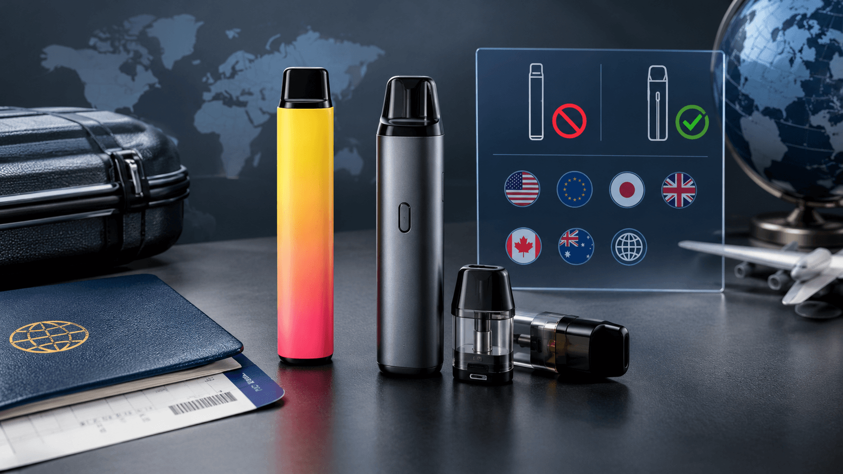 Disposable vape and reusable pod device shown for a country-specific vaping rules guide