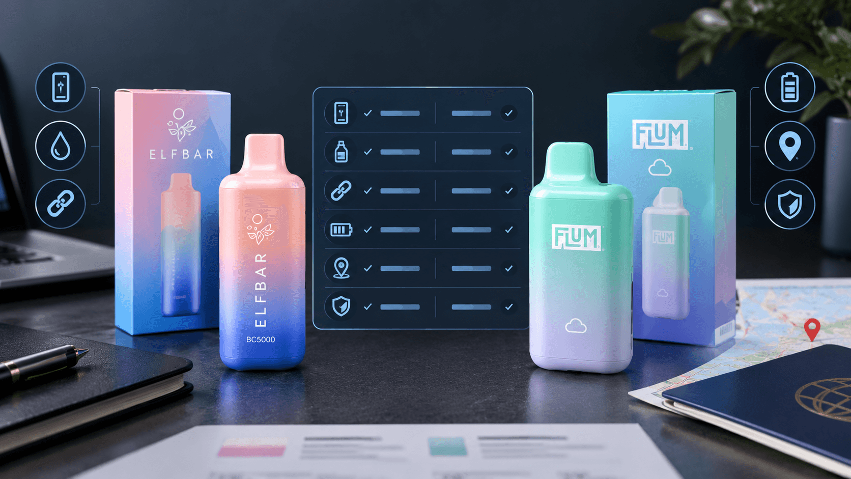 Elf Bar and Flum vape products compared by model information and device format