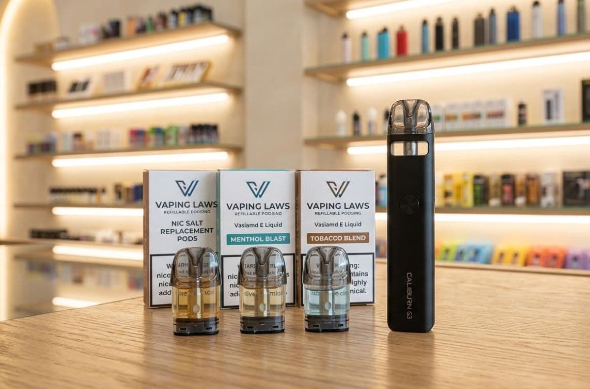 Pod system vaping device with replacement pods laid out on a flat surface