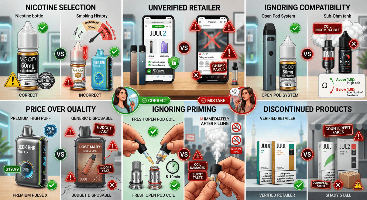 Biggest vape buying mistakes Korea 2026: wrong nicotine, fake device, incompatible seller, unverified