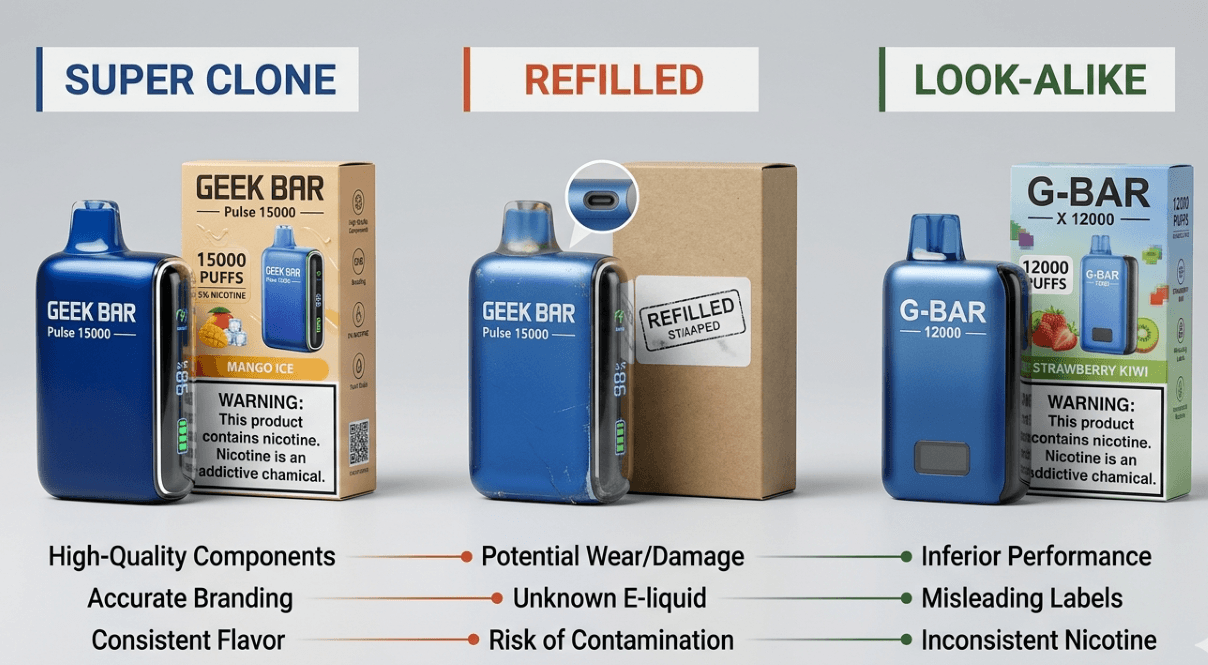 types of counterfeit fake disposable vapes south korea super clone refilled look-alike brands 2026