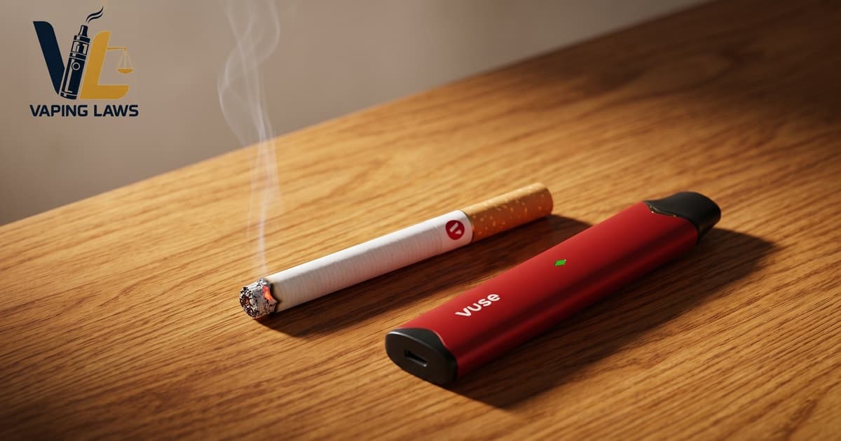 A burning cigarette with smoke next to a red Vuse pod vape device on a wooden surface