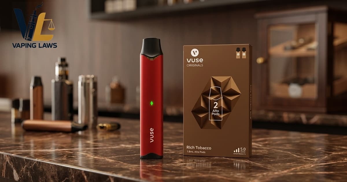 Red Vuse Alto pod device standing next to a 1.8mL 5% Rich Tobacco pod packaging box