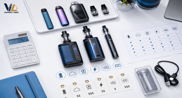 Vape devices showing features that influence overall vape pricing