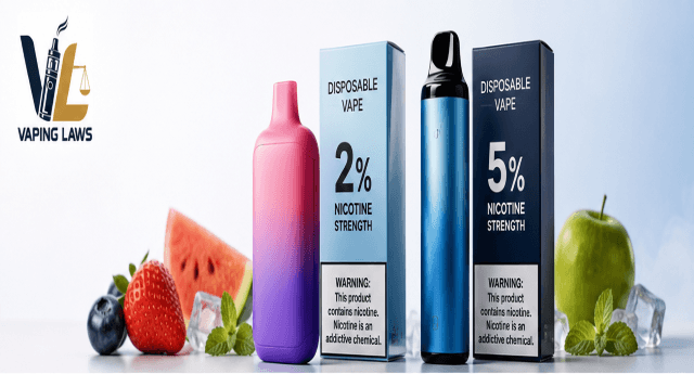Disposable vape device with nicotine strength information displayed on the packaging