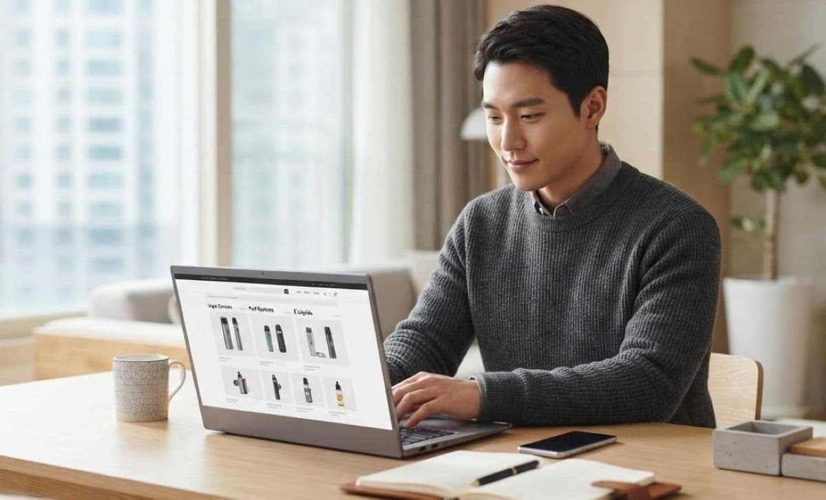 Person browsing vape products on a laptop to buy vape in Korea online