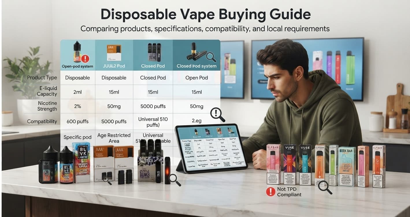 Comparing disposable vape products and product information before buying