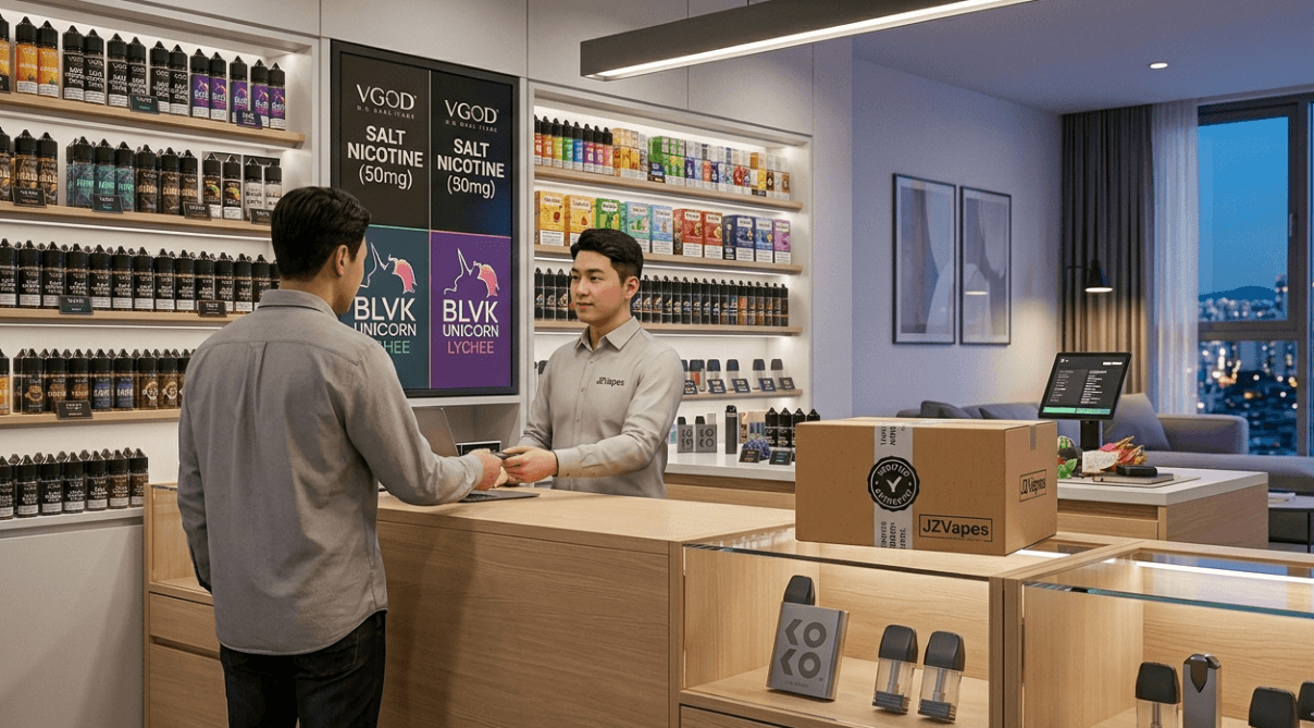 where to buy authentic e-liquid South Korea 2026: JZVapes online store salt nicotine VGOD BLVK pod juice