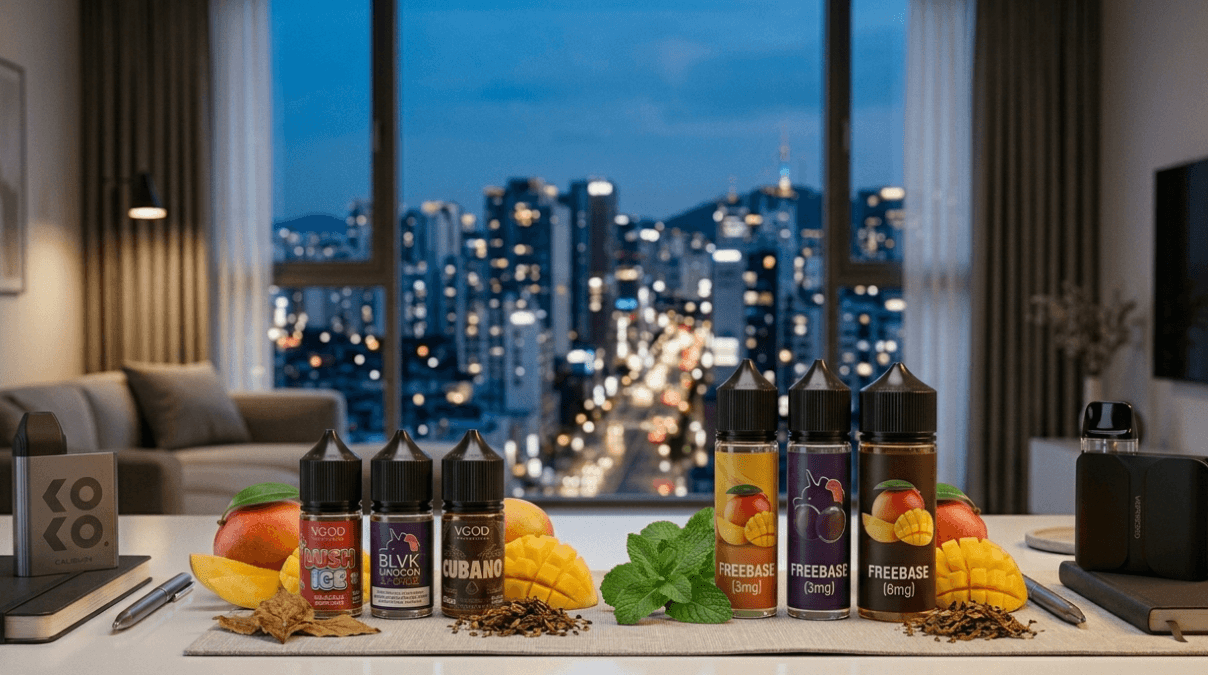 types of e-liquid, South Korea, 2026 salt nicotine freebase 50mg fruit menthol tobacco flavors