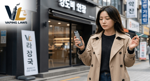 Adult comparing a disposable vape with a traditional cigarette in Korea.