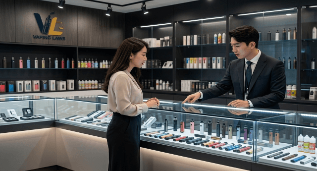 Adult customer receiving assistance inside a premium vape store in Korea