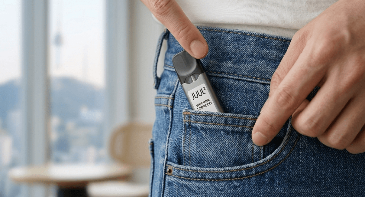 Slim pod vape device demonstrating discreet size and portability