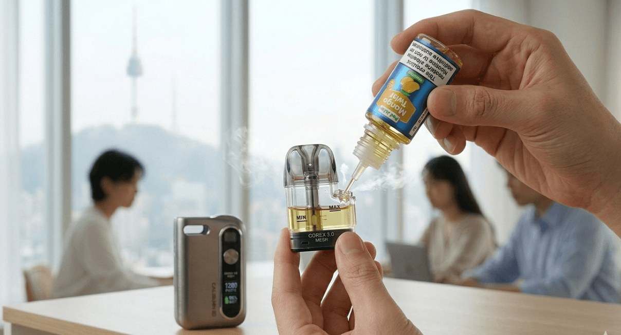 Refilling an open pod vape system with e-liquid