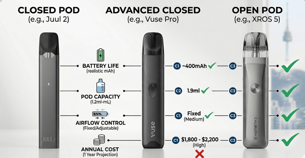Comparison chart of pod vape systems specifications