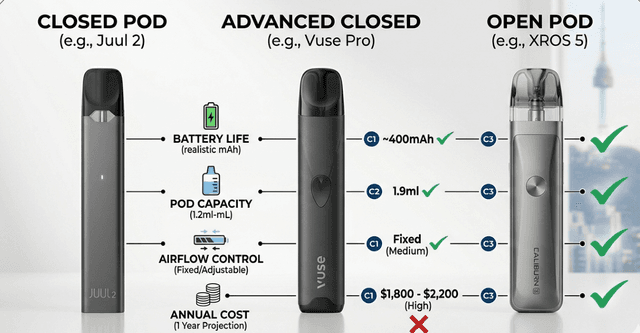 Comparison chart of pod vape systems specifications